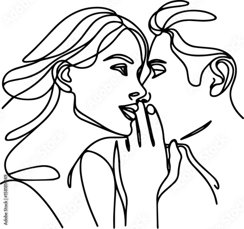 Abstract line art of couple sharing a secret with intimate expression  