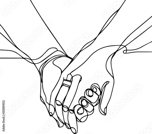 Continuous line drawing of two hands holding with rings  