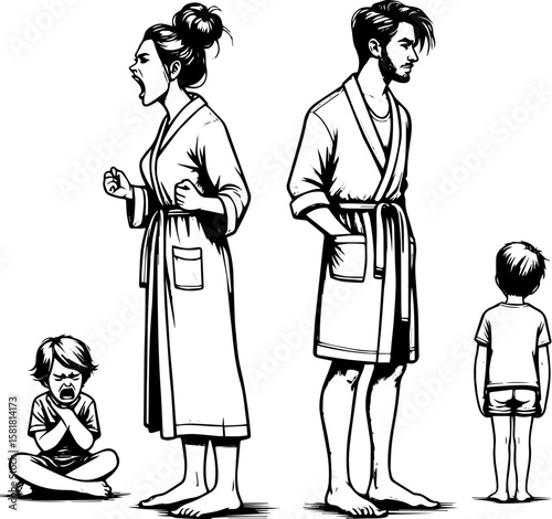 couple arguing with parents standing apart and child feeling sad  