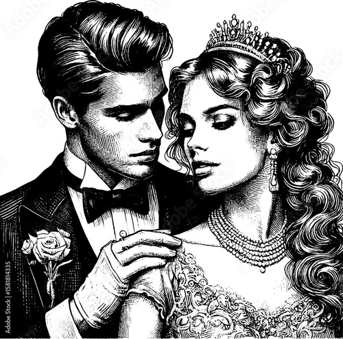 Elegant couple in formal attire sharing a romantic moment in vintage style  