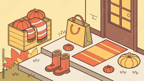 Autumn scene with pumpkins in a crate, rain boots, a shopping bag, and a doormat near a door front