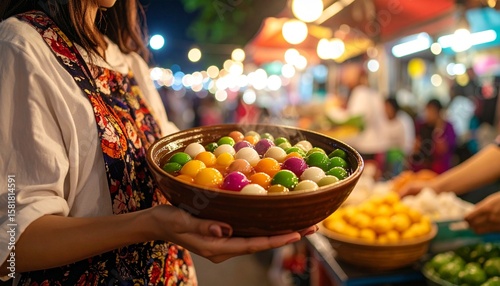 Artistic photo of a street vendor serving Wedang Ronde in a ceramic bowl, with colorful glutinous rice balls floating in hot ginger syrup, taken at a Jogja night market