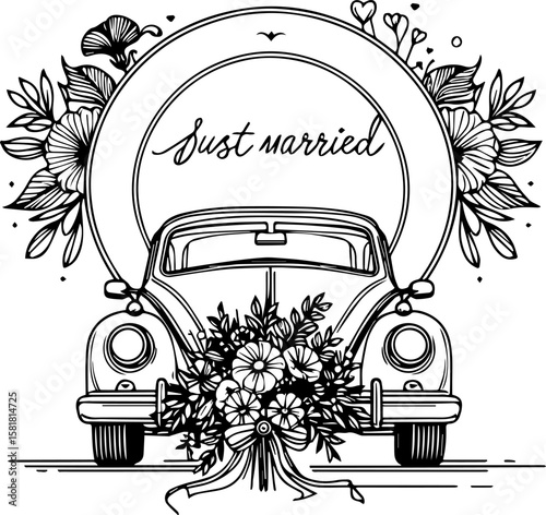 Vintage car with wedding flowers and "Just Married" sign  