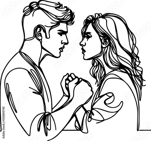 Young couple arguing passionately while holding hands in line art  