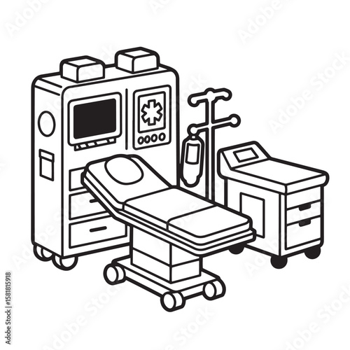 Simplified cartoon illustration of surgical equipment and hospital operating room setting