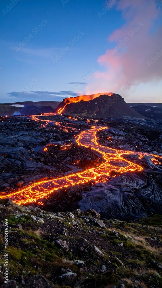 Fototapeta premium Molten lava flows from a volcanic peak at dawn