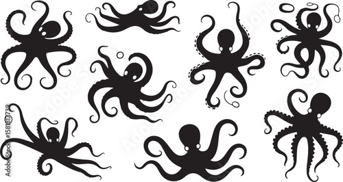 Octopus Silhouette Collection Marine Creature Poses on Checkered Pattern