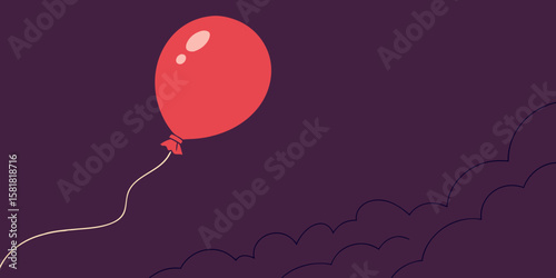 A red isolated balloon with a string on a dark purple background vector illustration.