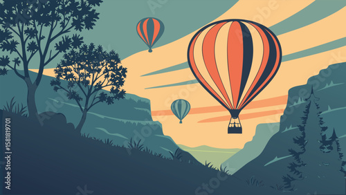 Vintage-style hot air balloon soaring over a majestic mountain landscape at sunset, featuring silhouetted trees and a tranquil, adventurous mood.