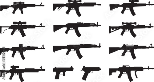 Assault Rifle Silhouette Collection Weapon Poses on Checkered Pattern Design