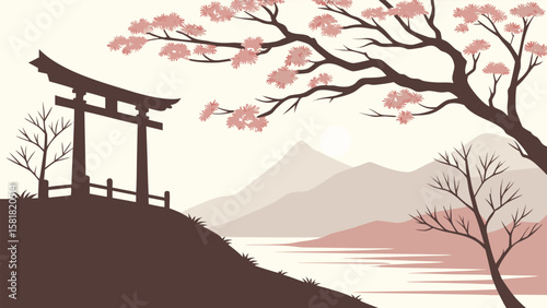 Serene Japanese landscape illustration: minimalist torii gate, blossoming cherry branch, tranquil lake, and soft pastel mountains at dawn; peaceful, spiritual mood.