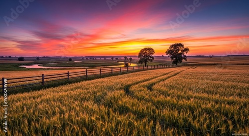 Golden wheat field stretches under a vibrant sunset sky, with a wooden fence and distant trees adding depth to this serene landscape scene, perfect for nature lovers.