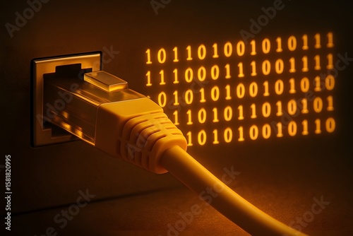 Yellow ethernet cable plugged into a port with binary code projected onto the background