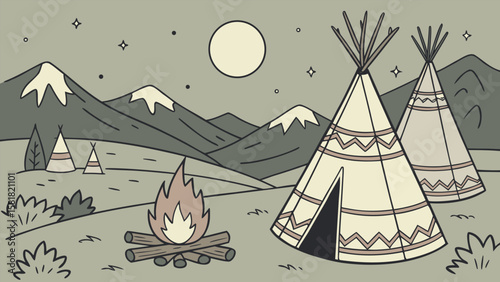 Serene Nighttime Landscape:  Hand-drawn Teepees, Campfire, and Majestic Mountains under a Full Moon; Minimalist Style, Peaceful Mood, Native American Inspired.
