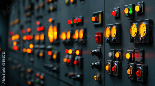 close-up view of an industrial control panel with illuminated gauges, switches, and indicator lights in a dimly lit setting.