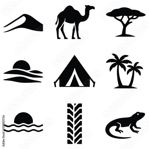 Desert icons camel tree tent oasis tire lizard dune