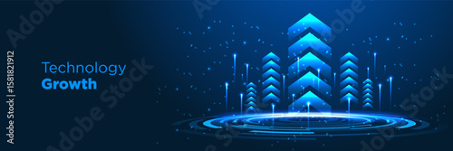 Futuristic abstract digital background with glowing blue arrows rising upwards. Symbol of growth, success, business progress
