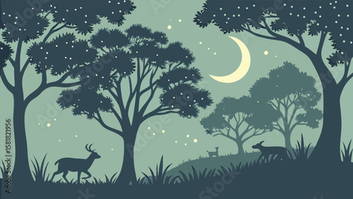 Serene Nighttime Forest Silhouette: Deer, Crescent Moon, and Starry Sky; Peaceful, Dreamlike, Vector Illustration; Nature, Wildlife, Tranquil Mood; Dark Teal Color Palette.