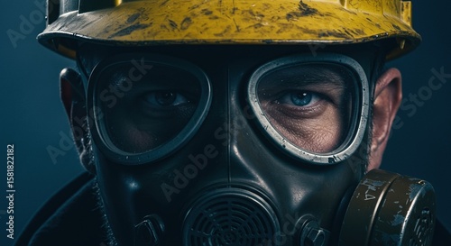 Man wearing gas mask and hardhat looking at the camera