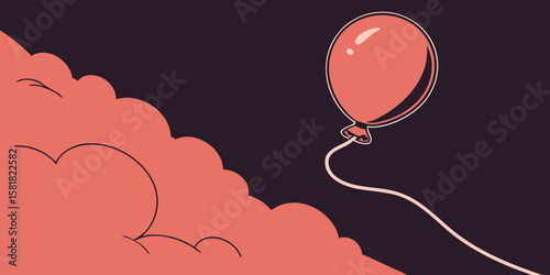 A red isolated balloon with a string on a dark  red black background vector illustration.