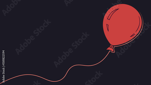 A red isolated balloon with a string on a dark black background vector illustration.