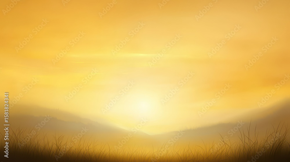 Obraz premium Breathtaking sunset landscape, golden hour over mountains and grassy field tranquil