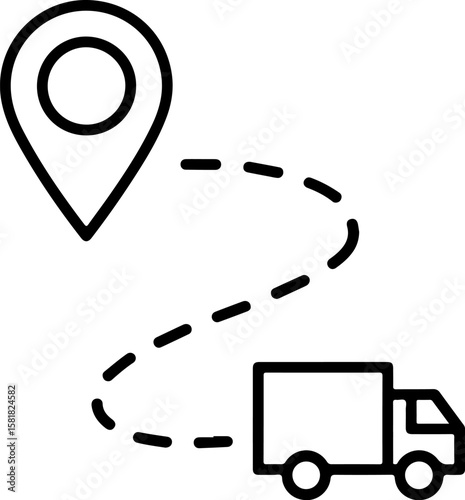 Delivery truck icon following a dashed line route to a location pin
