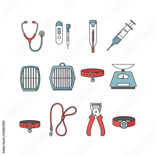 Pet care icons vet tools accessories and supplies healthcare infographic