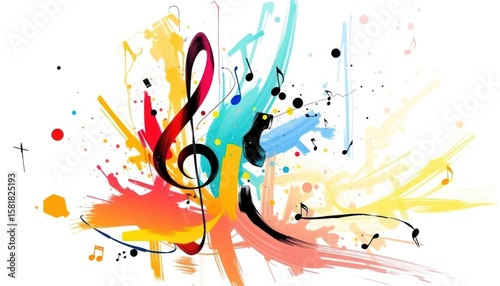 Abstract music-themed artwork with colorful paint strokes and musical notes
