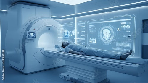 Medical MRI machine with patient and futuristic holographic displays