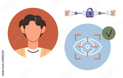 User portrait, locked network connection, and biometric recognition icon. Ideal for cybersecurity, privacy, identity protection, authentication, data security, technology simple flat metaphor