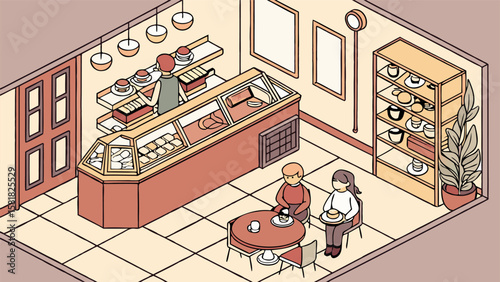Isometric view of a bakery interior with customers, display case, shelves, and pastries displayed