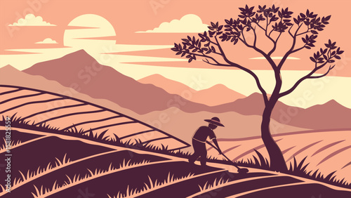 Serene Sunset Landscape: Silhouette of Farmer Tilling Terraced Rice Paddies in a Warm, Rustic, and Peaceful Mountain Valley Scene.