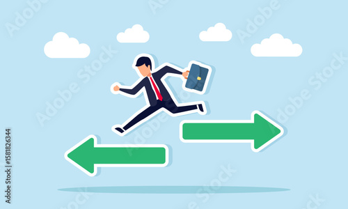 Businessman jumping toward an opposite arrow representing the illustration of changing business direction or policy