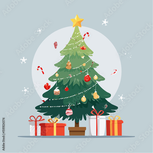 Decorated Christmas tree with ornaments, lights, gifts, and star topper on white background, clean vector style for festive holiday and seasonal design use.
