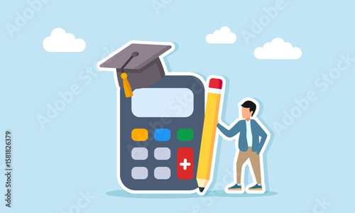 Businessman holding pencil near calculator with graduation cap symbolizing business risk management calculation