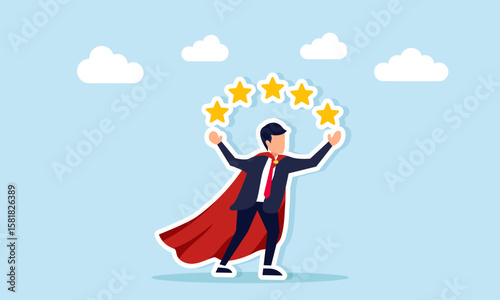 Businessman like superhero showing five stars representing effectiveness and efficiency in business service quality