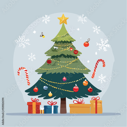 Decorated Christmas tree with ornaments, lights, gifts, and star topper on white background, clean vector style for festive holiday and seasonal design use.