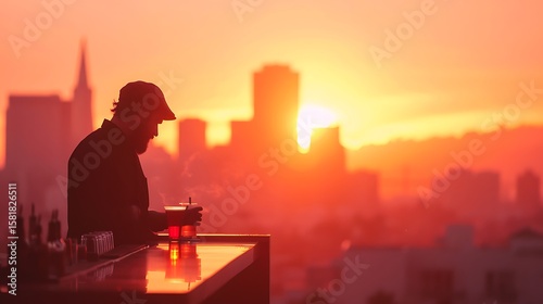 Man enjoying drink at rooftop bar during sunset