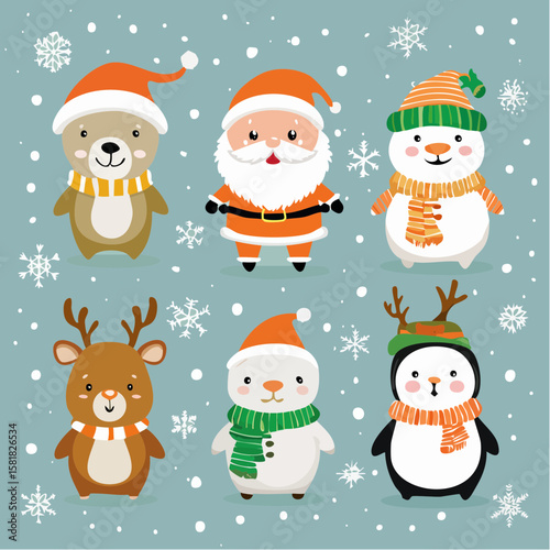 Set of cute Christmas characters in kawaii style including Santa, reindeer, snowman and more on white background, perfect for kids products, stickers and social media.