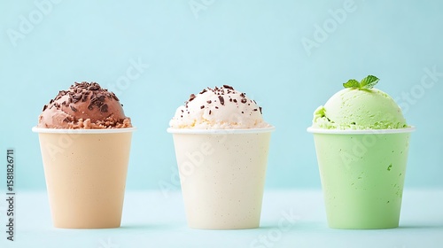 Three Ice Cream Cups, Chocolate, Vanilla, Mint