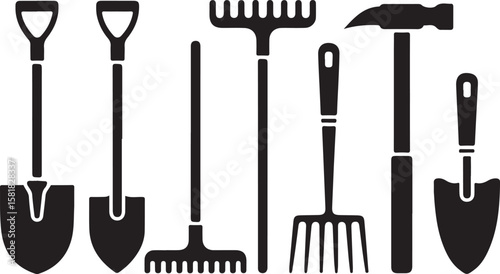 Gardening Tools Vector Set Silhouette Shovel Rake Hammer Spade Equipment