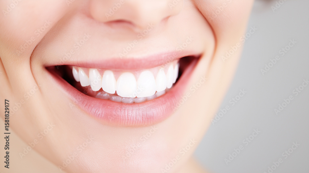 Obraz premium Close-up of natural smile with perfect white teeth, soft lighting on light grey background.