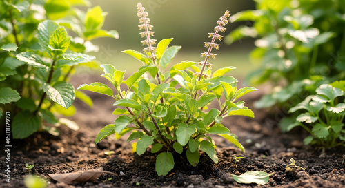 Realistic Holy Basil (Ocimum sanctum) Growing Under Sunlight