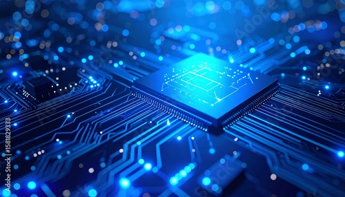 A Circuit Board with Blue Light Represents AI 