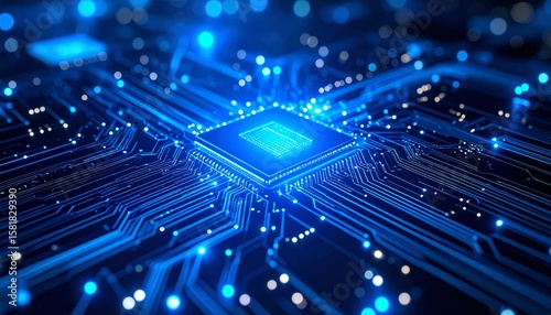 A Circuit Board with Blue Light Represents AI 