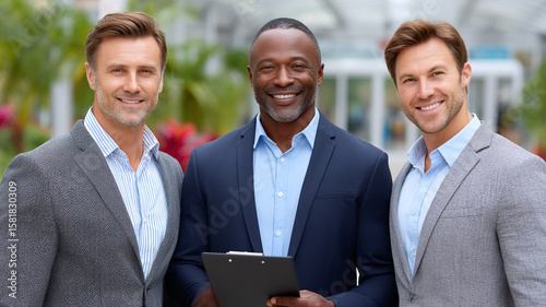 Three confident businessmen smiling and posing for a photo