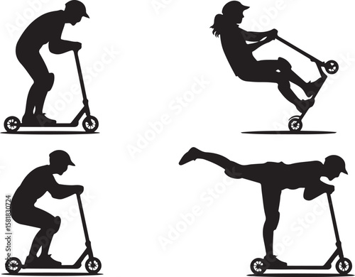 Scooter Rider Vector Set Silhouette Sport Recreation Skateboarding Trick