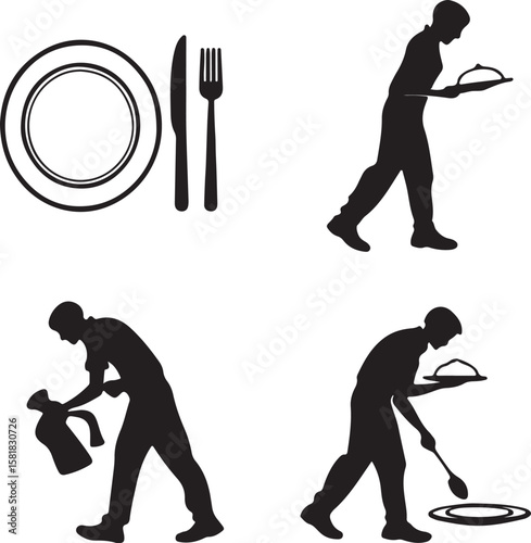 Silhouettes of Plate, Fork, and Knife Vector Icon Design – Solid Black Dining Utensils Clipart for Kitchen, Restaurant, and Culinary Graphics