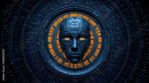Futuristic robot head illuminated in a circle of glowing lights, vision of tomorrow
